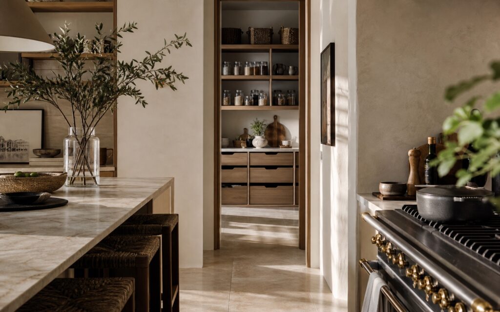 A bright, organized kitchen with an open walk-in pantry